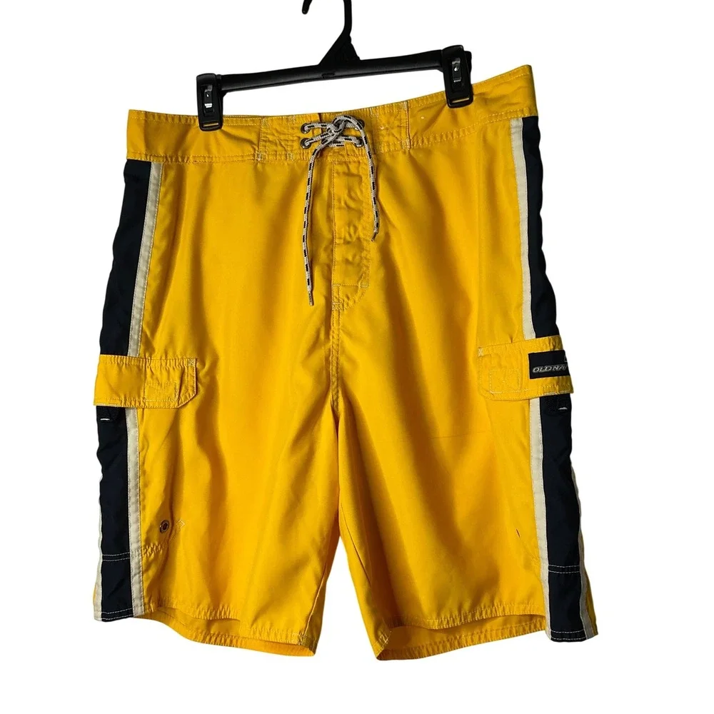 Old Navy Mens Yellow Cargo Board Shorts Swim Trunks Striped Size Large